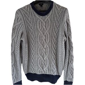 J.Crew Sweater Men Size M Gray Navy Cotton Triple Cable Knit Fisherman Sailing